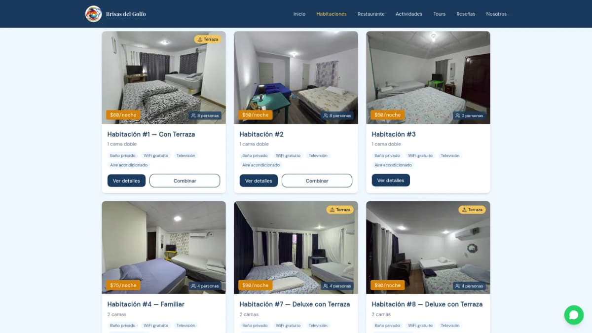 Sección de habitaciones con fotos y precios